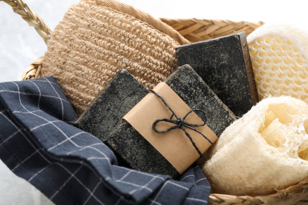 istock Natural tar soap in wicker basket, closeup 1363486876
