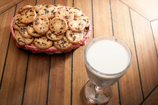 Chocolate chip cookies and glass of milk