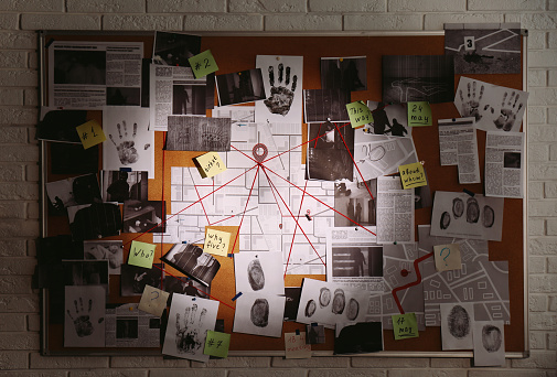 Tablero de detectives con huellas dactilares, fotos, mapa y pistas conectadas por una cuerda roja en la pared de ladrillo blanco photo