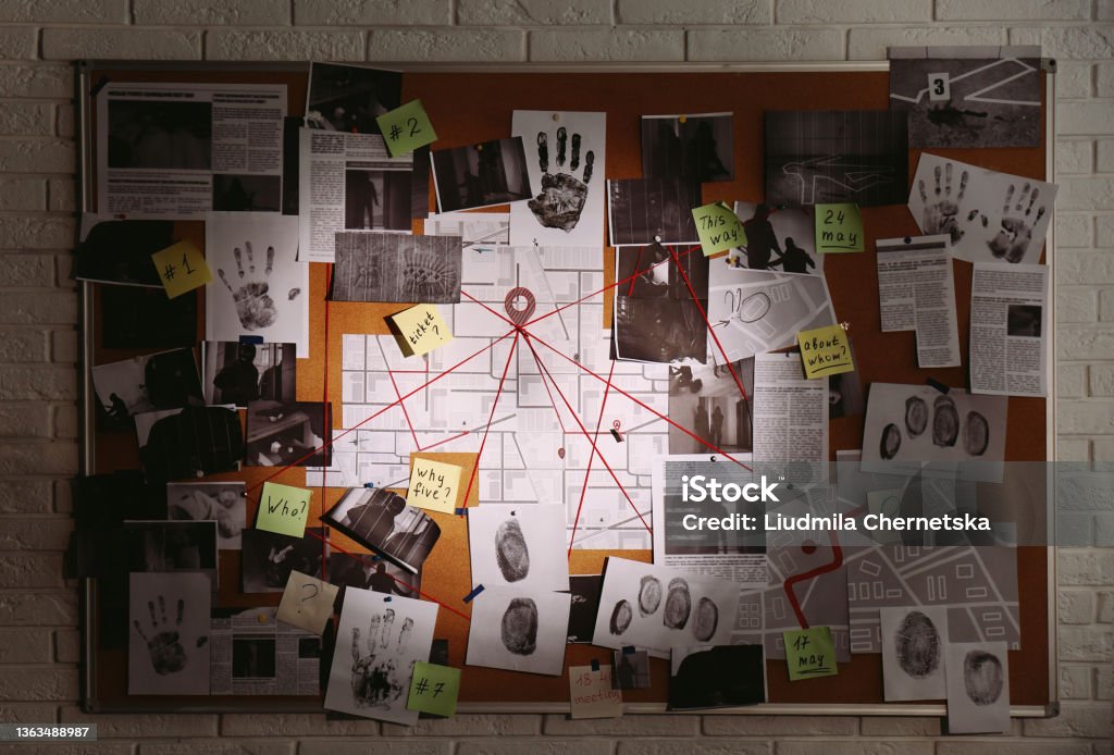 Detective board with fingerprints, photos, map and clues connected by red string on white brick wall Criminal Investigation Stock Photo