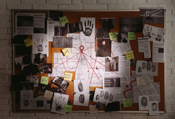 Detective board with fingerprints, photos, map and clues connected by red string on white brick wall Detective board with fingerprints, photos, map and clues connected by red string on white brick wall crime stock pictures, royalty-free photos & images