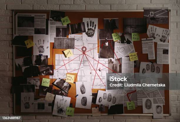 Detective Board With Fingerprints Photos Map And Clues Connected By Red String On White Brick Wall Stock Photo - Download Image Now