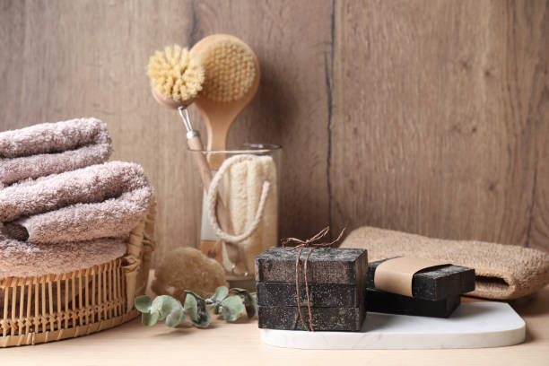 istock Composition with natural tar soap on wooden table 1363489046
