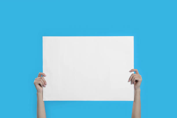 istock Woman holding blank poster on blue background, closeup 1363489074