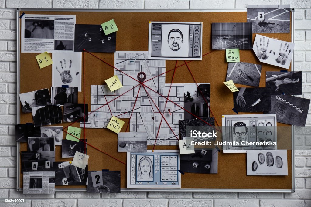 Detective board with fingerprints, photos, map and clues connected by red string on white brick wall Forensic Science Stock Photo