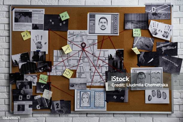 Detective Board With Fingerprints Photos Map And Clues Connected By Red String On White Brick Wall Stock Photo - Download Image Now