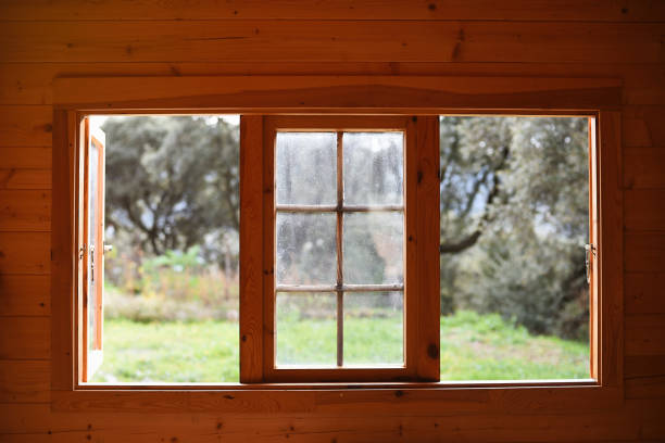 Home interior with wooden wall and window open to nature