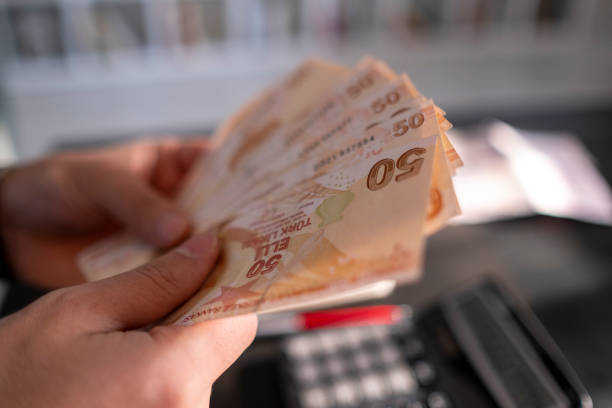 person counting turkish banknotes - türk lirası stok fotoğraflar ve resimler