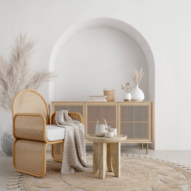 istock Boho style interior with wooden chair,table and white wall background.3d rendering 1363492935