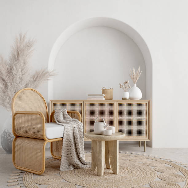 interior estilo boho com cadeira de madeira, mesa e fundo de parede branca.3d renderização - wicker drawers - fotografias e filmes do acervo