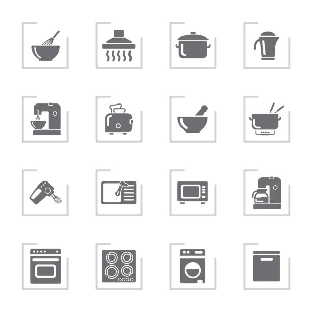 Household Icons | Framed Grey A set of 16 simple icons on white background for your designs and presentations. mixing bowl icon stock illustrations