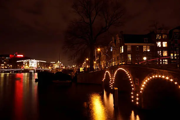 City scenic in Amsterdam with the Thiny bridge the Netherlands at twilight