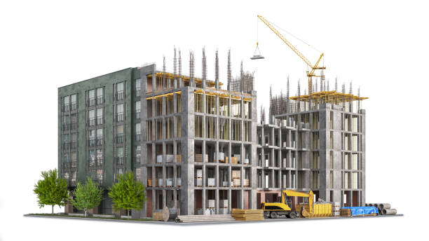 istock Building in half of construction with a finished building facade on white background. 3d illustration 1363502730