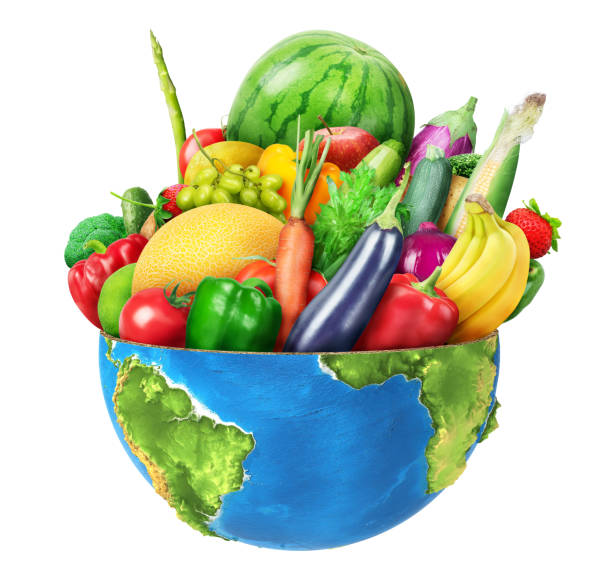 concepto agronómico. verduras y frutas en el contexto del planeta. calentamiento global. ilustración 3d. - globe grape fotografías e imágenes de stock