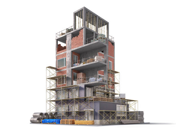 istock Building in half of construction with a finished building facade on white background. 3d illustration 1363502955