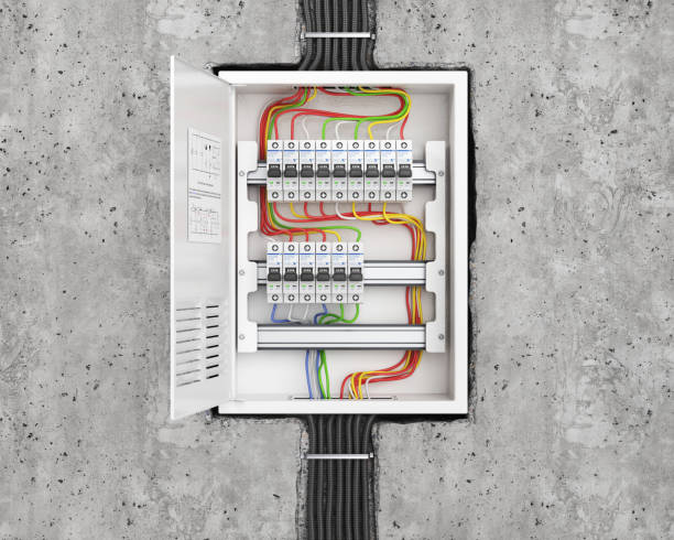 quadro di tensione con interruttori automatici nella parete di cemento. sfondo elettrico. illustrazione 3d - circuit breaker foto e immagini stock