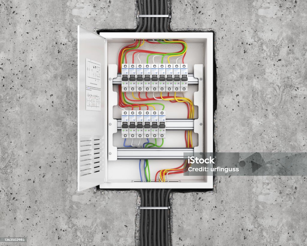 Voltage switchboard with circuit breakers in the concrete wall. Electrical background. 3d illustration Fuse Box Stock Photo
