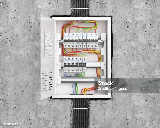Voltage Switchboard With Circuit Breakers In The Concrete Wall Electrical Background 3d Illustration Stock Photo - Download Image Now