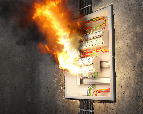 Short circuit. Voltage switchboard with circuit breakers caught fire. 3d illustration