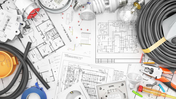 componentes eléctricos en un fondo de plano. ilustración 3d - switch electricity power group of objects fotografías e imágenes de stock