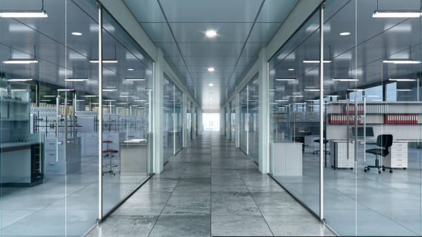 istock Light long hallway in laboratory interior. 3d illustration 1363503060