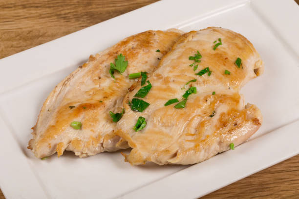 istock Grilled chicken breast on white dish on wooden background 1363507654