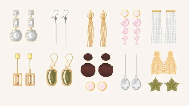 Vector illustration of Earrings jewelry accessories vector icons set on beige background. Gold, silver and diamond pearl gemstones pendant vector illustration. Flat style illustration