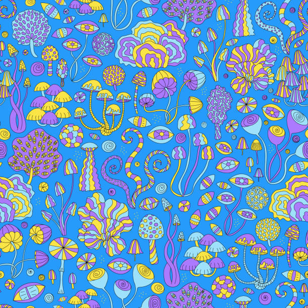 buntes nahtloses musterdesign mit imaginären psychedelischen pilzen. retro vektormuster im stil der 1960er jahre. - pattern seamless doodle retro revival stock-grafiken, -clipart, -cartoons und -symbole