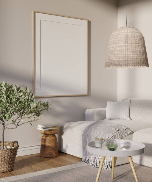 istock Living room interior with big mock up picture on the wall. 3D render. 1363517585