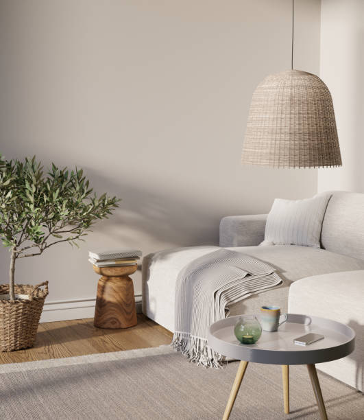 istock Living room interior with mock up empty wall. 3D render. 1363517602