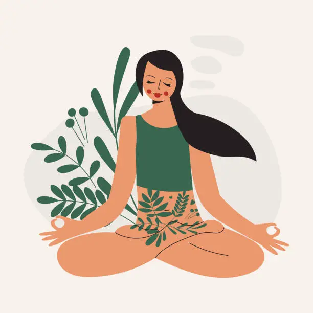 Vector illustration of Calm zen and wellness woman in yoga lotus pose and nature vegetation around. Positive green mind concept. Love yourself and eco healthy lifestyle. Meditating lady flat vector cartoon illustration