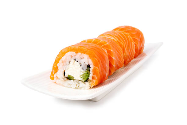 maki sushi - philadelphia on plate isolated on white - sushischotel stockfoto's en -beelden