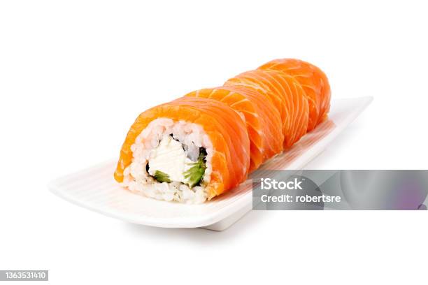 Maki Sushi Philadelphia On Plate Isolated On White Stock Photo - Download Image Now