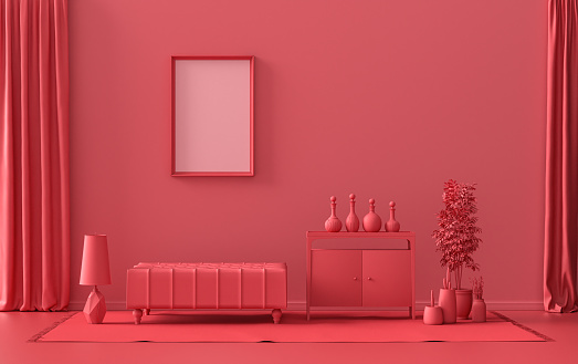 Galería de marco único Pared en rojo oscuro, habitación plana monocromática de color granate con muebles y plantas, Renderizado 3d photo