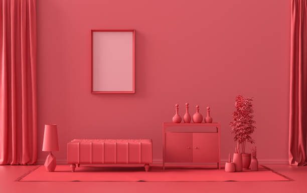 ダークレッドのシングルフレームギャラリーウォール、マルーンカラーモノクロフラットルーム、家具や植物、3dレンダリング - 単色画 ストックフォトと画像