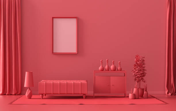 parede de galeria de moldura única em vermelho escuro, cor marrom monocromática quarto plano com móveis e plantas, renderização 3d - monocromatic - fotografias e filmes do acervo