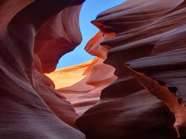 Antelope Canyon Antelope canyon during the day with a patch of blue sky lower antelope canyon stock pictures, royalty-free photos & images