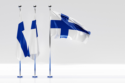 3D illustration of the national flag of Finland on a metal flagpole fluttering .Country symbol.