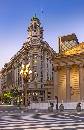 Buenos Aires, Argentina, November 19, 2019: Low angle view of the buildings on Avenida Roque Sáenz Peña, better known as Diagonal Norte, in the city center.