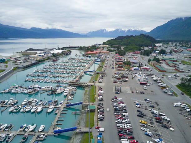 Aerial view of Valdez Alaska harbor and town Aerial view of Valdez Alaska harbor and town prince william sound photos stock pictures, royalty-free photos & images