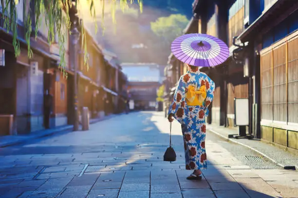 Photo of woman in a kimono walking in the Higashi Chaya district of Kanazawa, Japan