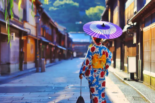 Photo of woman in a kimono walking in the Higashi Chaya district of Kanazawa, Japan