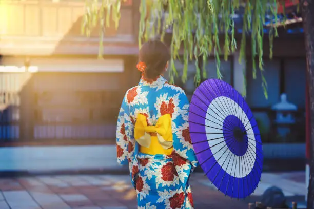 Photo of woman in a kimono walking in the Higashi Chaya district of Kanazawa, Japan