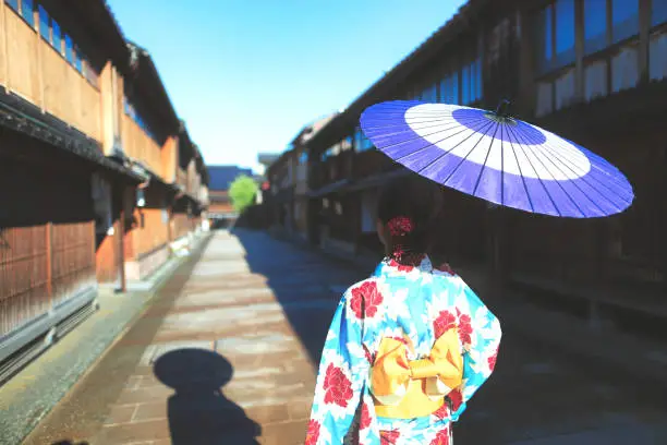 Photo of woman in a kimono walking in the Higashi Chaya district of Kanazawa, Japan