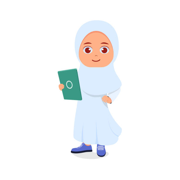 Holding tablet Muslim girl posing while holding tablet muslim cartoon stock illustrations