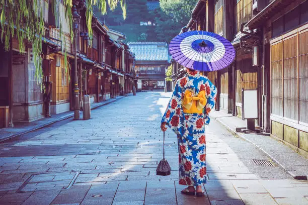 Photo of woman in a kimono walking in the Higashi Chaya district of Kanazawa, Japan