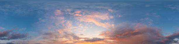 istock Dark blue sunset sky panorama with Cirrus clouds. Seamless hdr pano in spherical equirectangular format. Complete zenith for 3D visualization, game and sky replacement for aerial drone 360 panoramas 1363549724