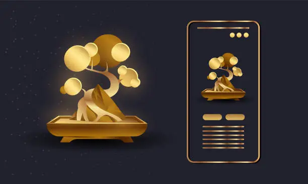 Vector illustration of Gold Bonsai tree and roots around the stone. Abstract phone app interface design with small golden tree icon. Seki-joju Bonsai style.