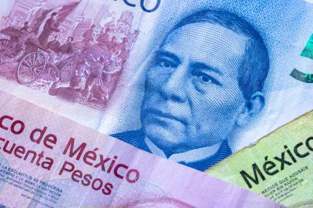 Photo of Collage of several Mexican currency banknotes