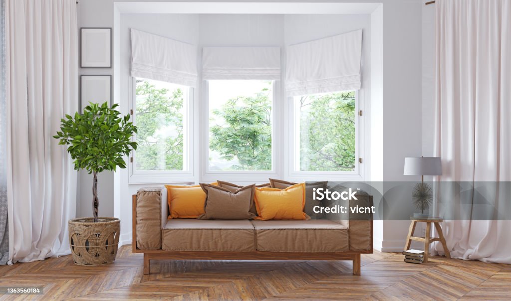 modern living interior. modern living interior. 3d rendering design Bay Window Stock Photo
